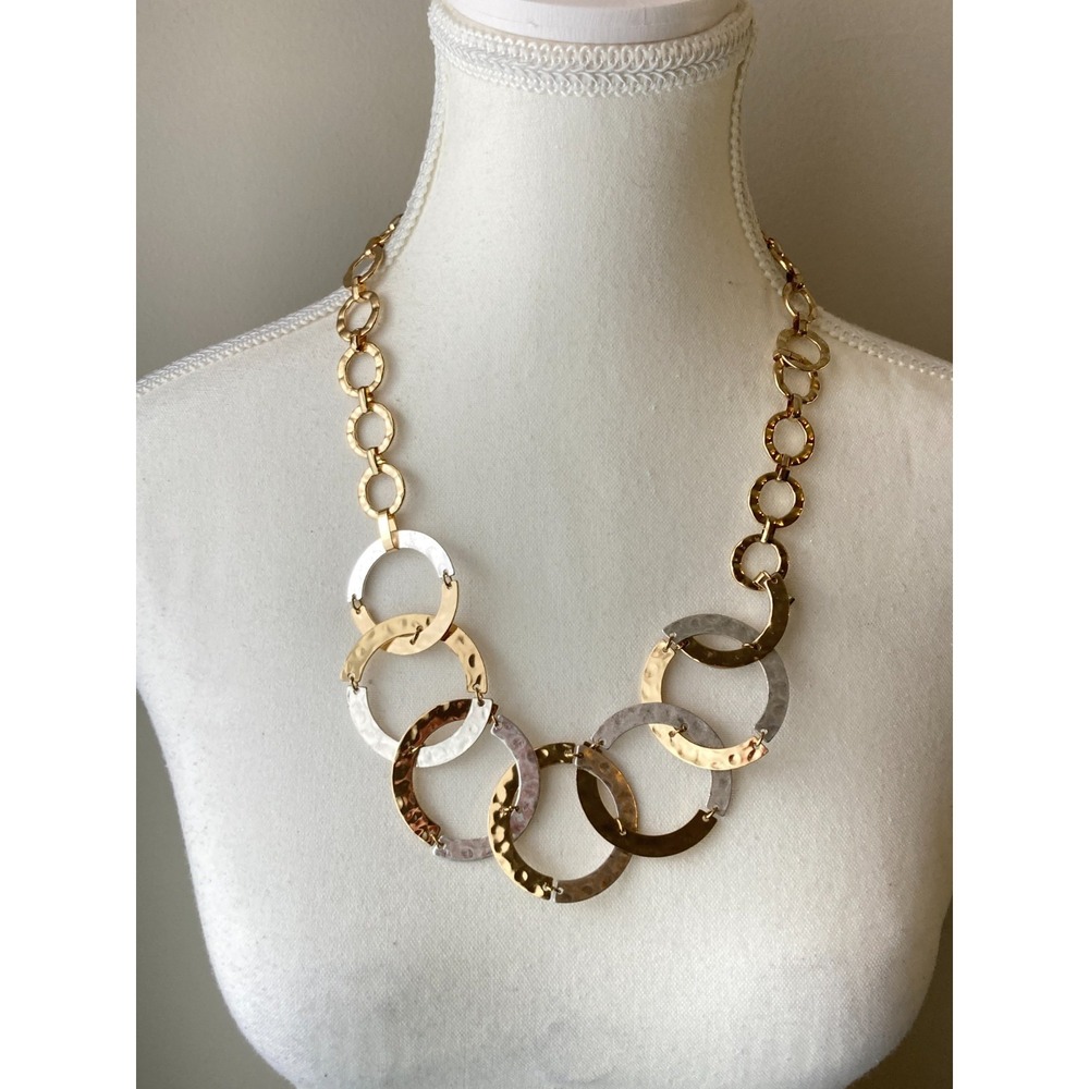 Brutalist Necklace Hammered Mixed Metal Circle Link Gold & Silver Tones Modern